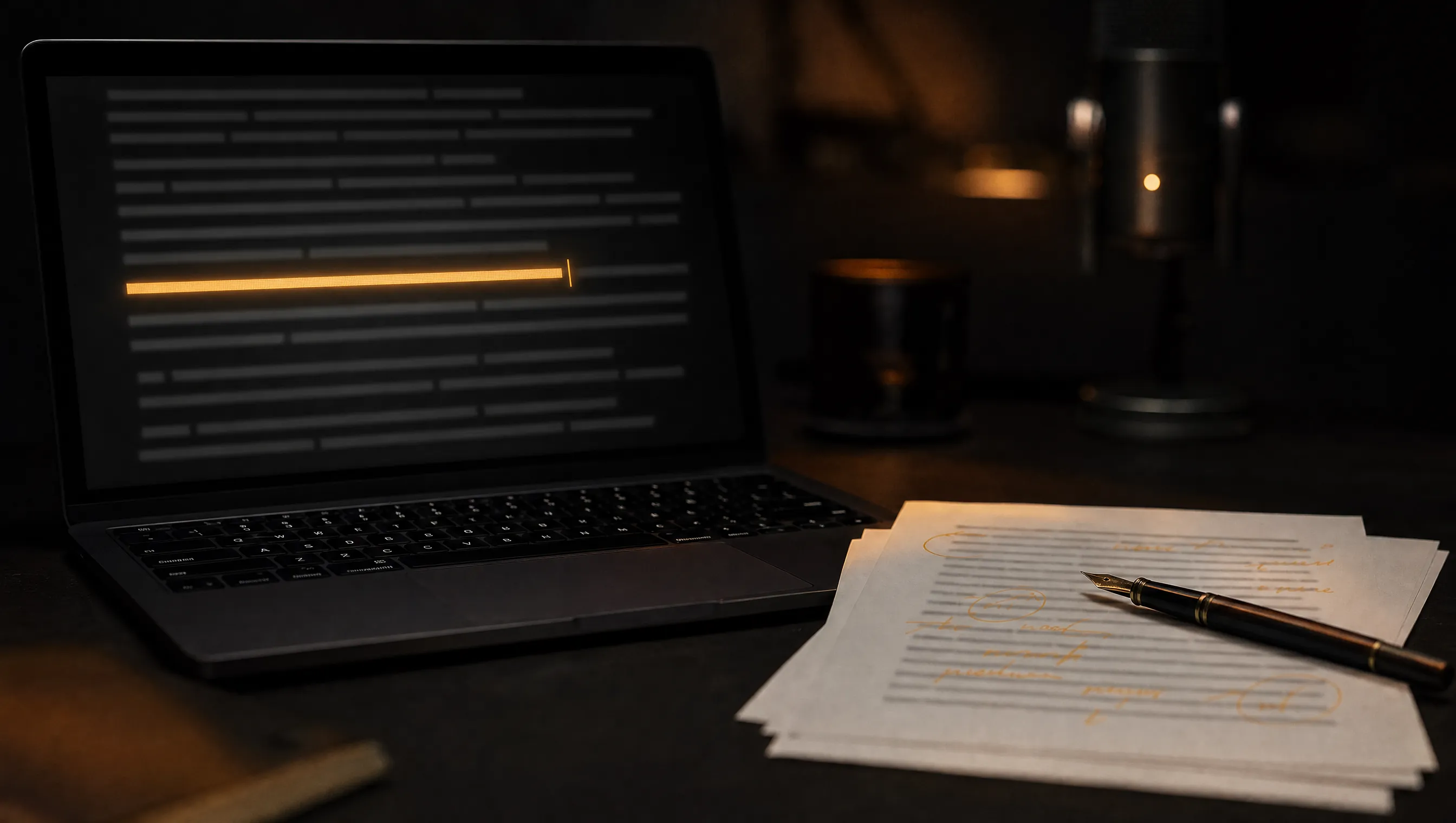 A laptop generating a script line that glows amber while printed pages beside it carry handwritten amber corrections, the human edit an AI draft still needs.