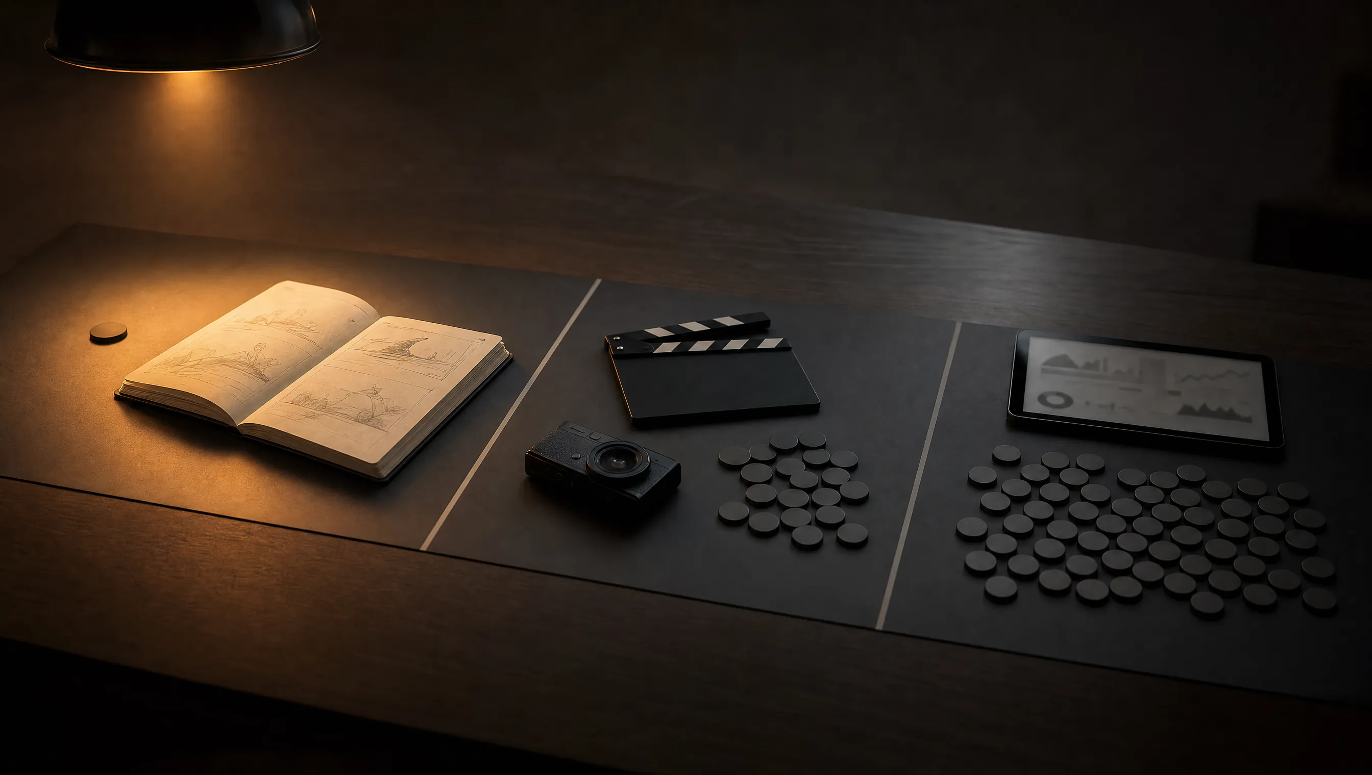 A three-phase production timeline on a dark desk: storyboard notebook, clapperboard with camera, and analytics tablet, with tool tokens crowding the later phases while the amber-lit idea phase holds almost none.