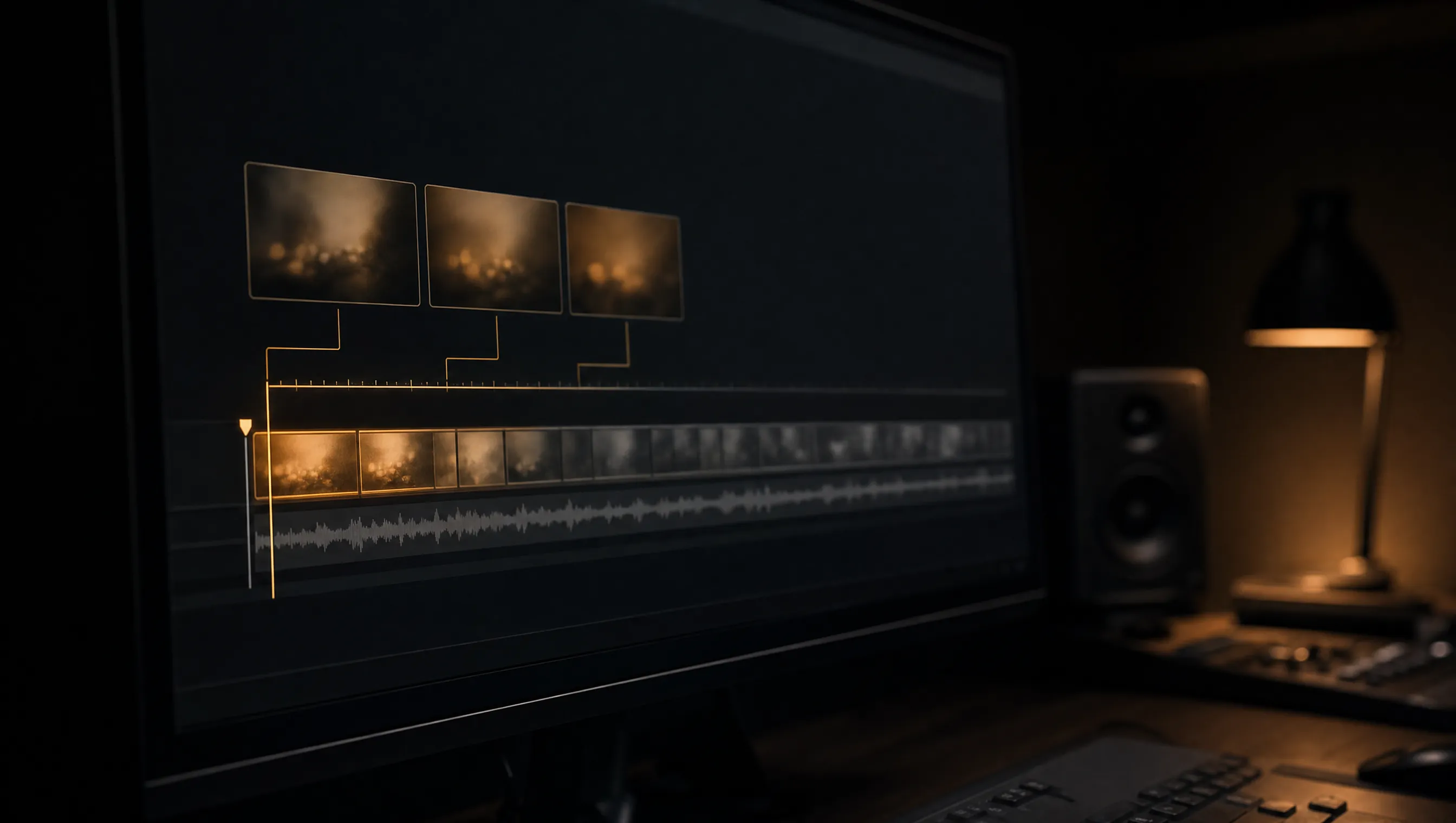 A video editing timeline in a dark edit suite with the playhead at the start: the opening seconds glow amber and three enlarged frames are lifted above them for inspection, the hook under analysis.
