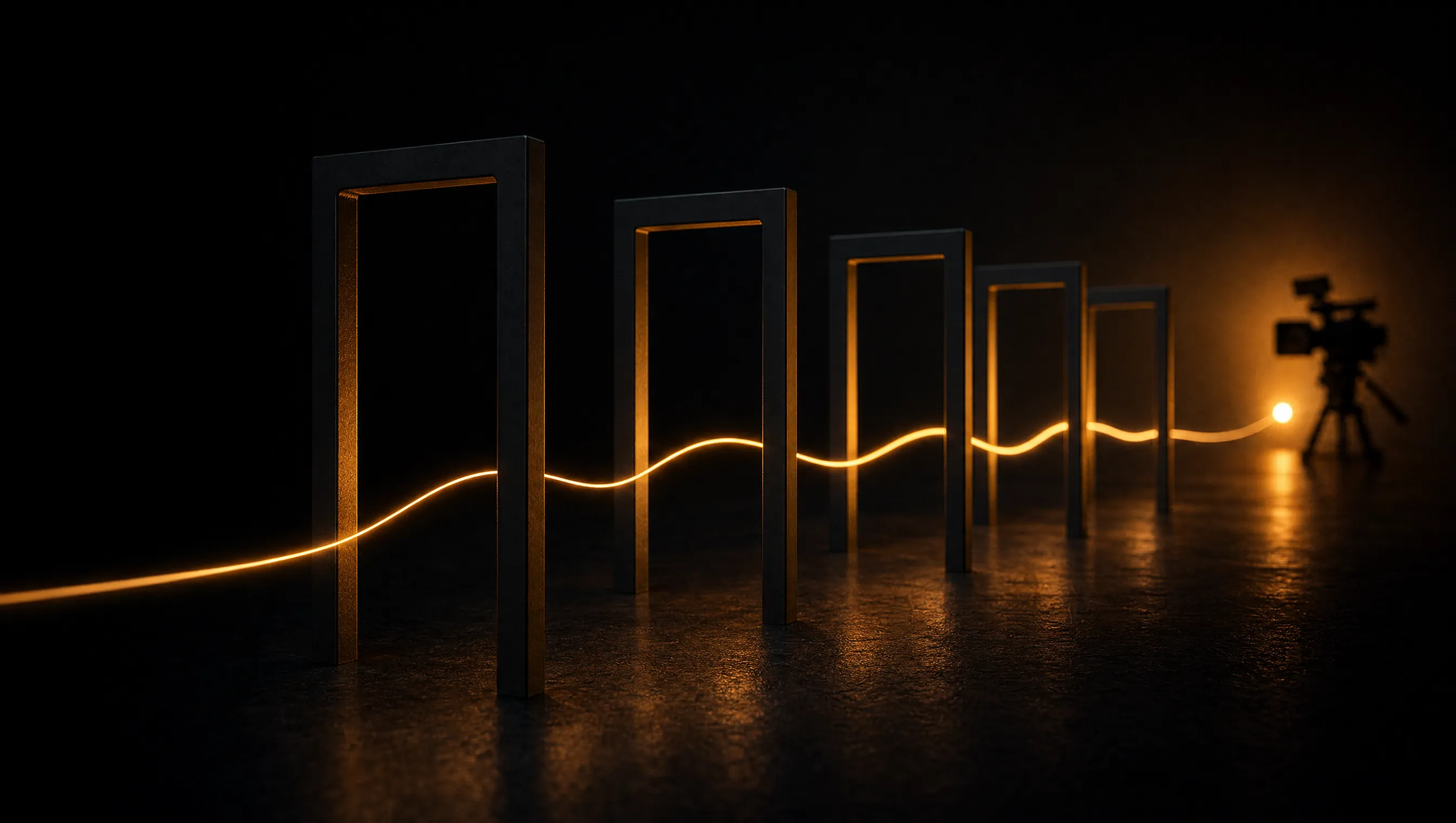 A glowing amber thread weaving through five dark gates in sequence and ending at a camera silhouette, one gate for each check an idea passes before filming starts.