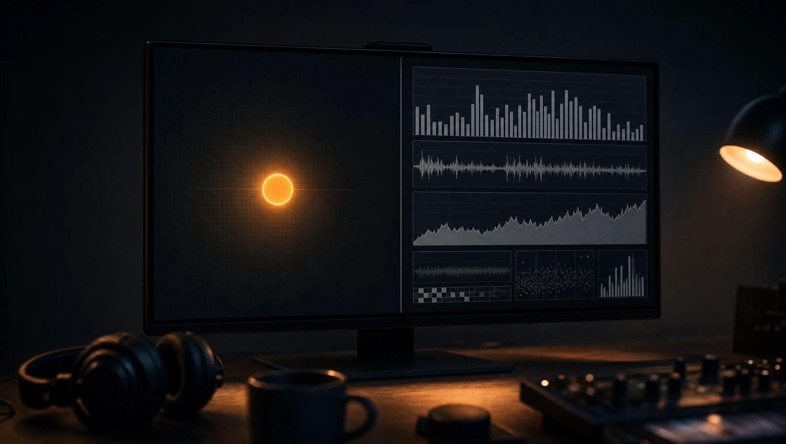 A split monitor: the panel before publication is near-empty except for one glowing amber orb, while the panel after is dense with grey measurement charts, the window quso does not cover.