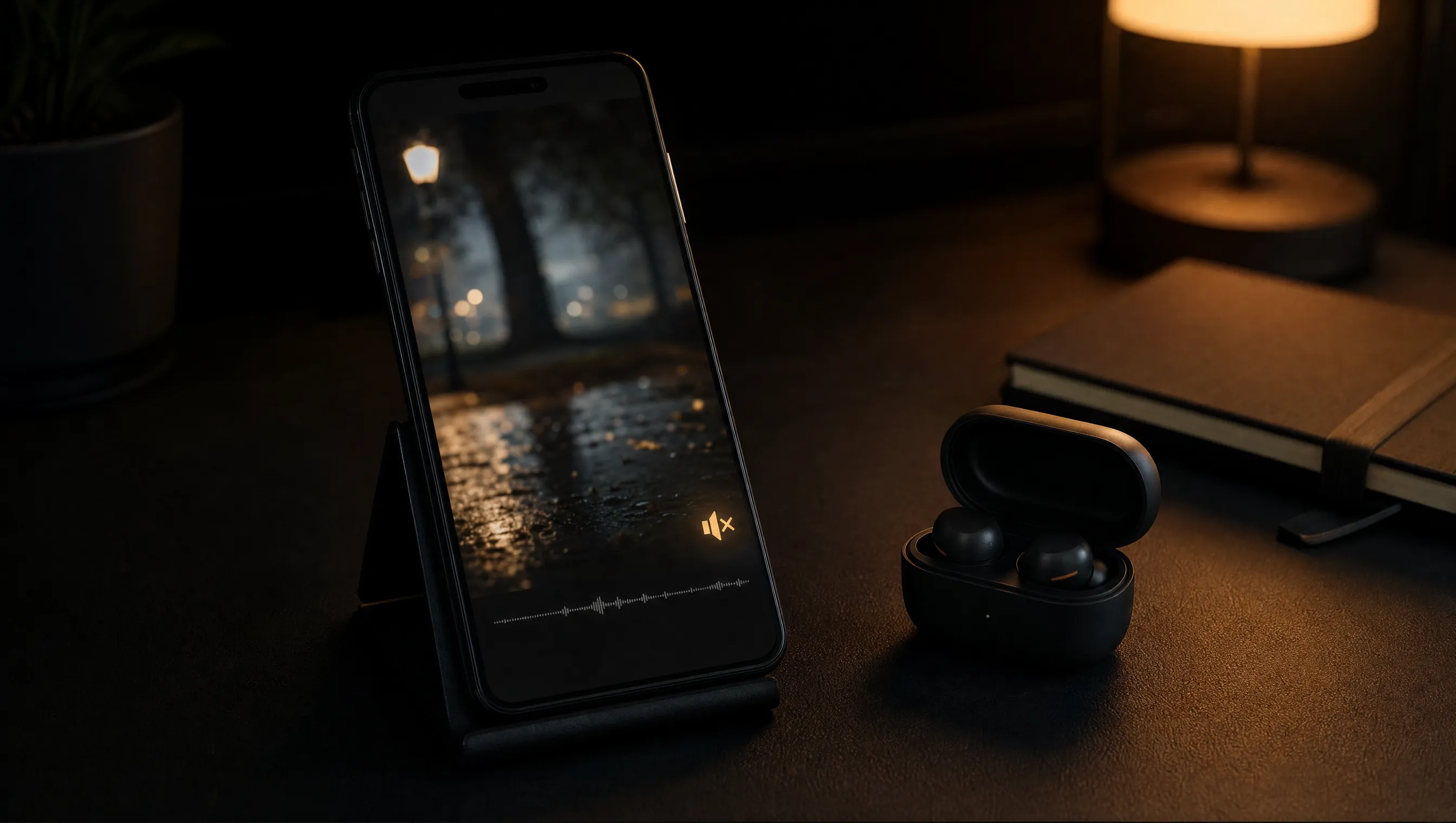 A phone on a stand plays a muted vertical video, its speaker icon glowing amber and the audio waveform flat, while wireless earbuds rest set aside in their open case, the sound-off hook check.