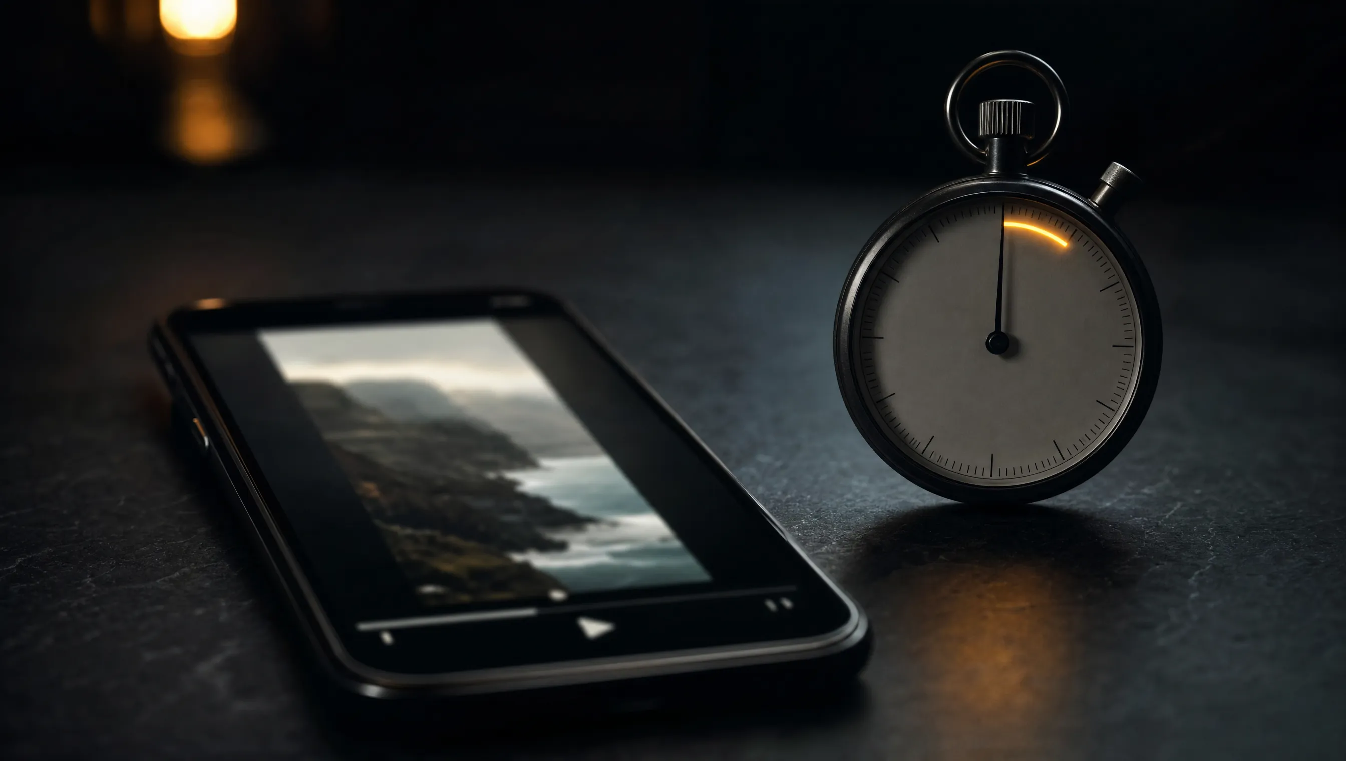 A phone with a paused vertical video lies beside an analog stopwatch whose first seconds are marked by a glowing amber arc, the one-to-three-second hook window every TikTok is judged in.