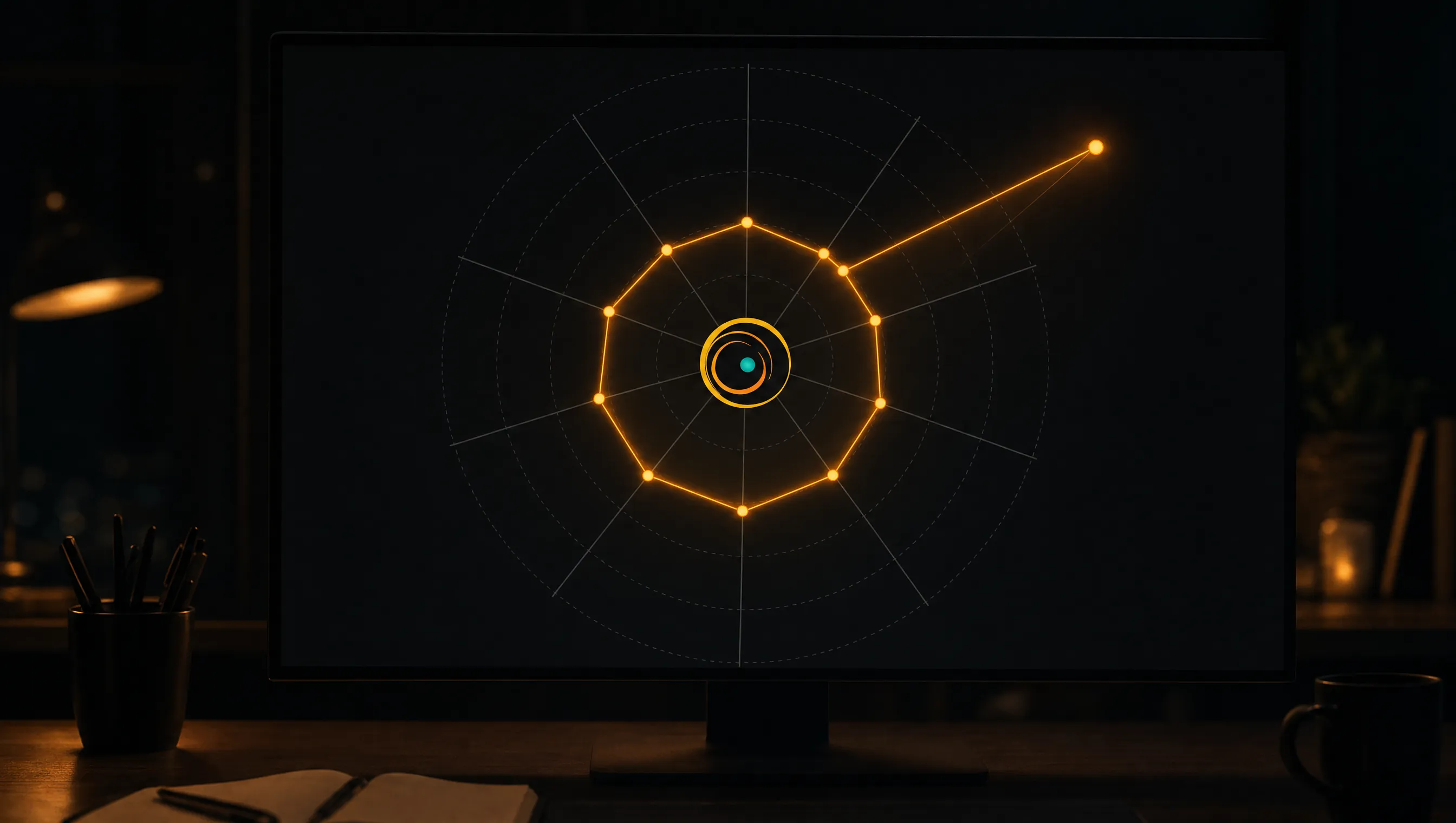 A glowing ten-vertex radar polygon around the PreViral emblem on a dark monitor, its outline traced through all ten scoring dimensions with one axis reaching far beyond the rest.