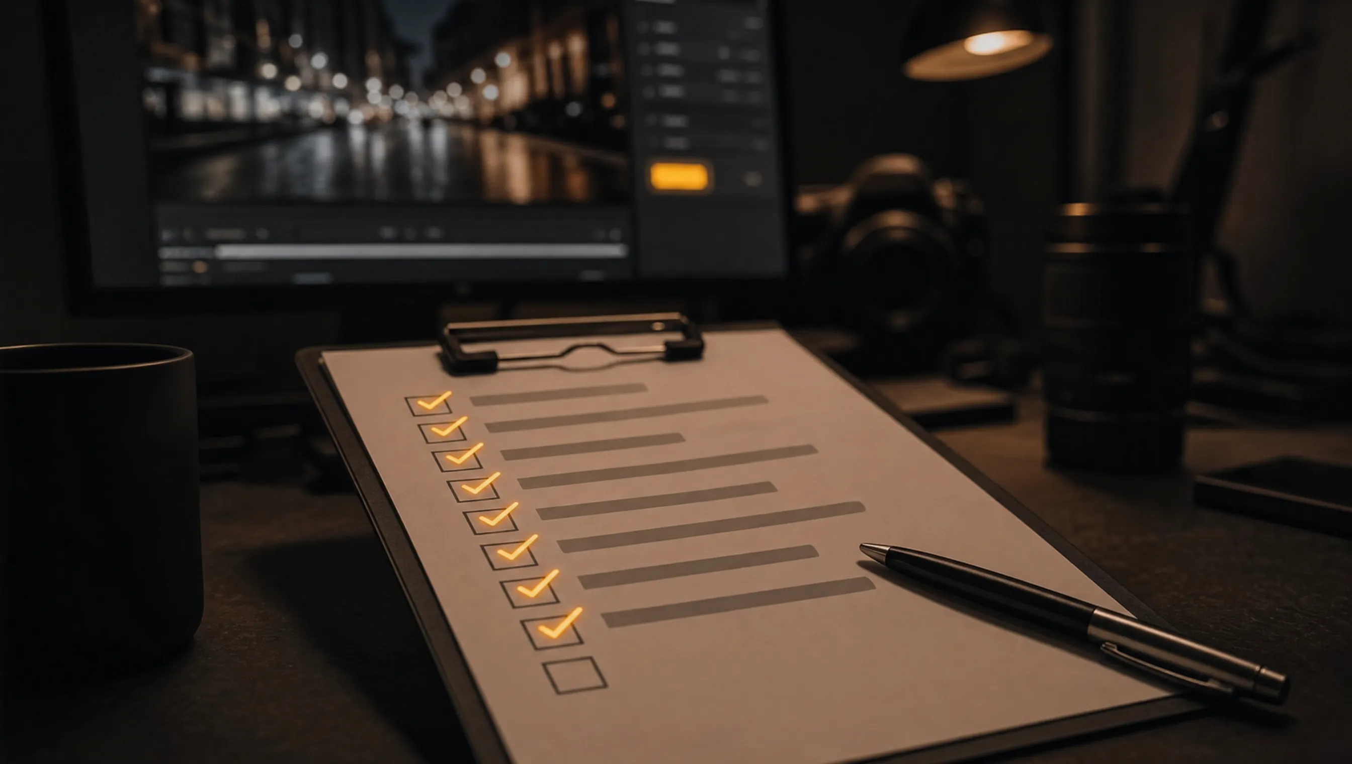 A clipboard checklist on a dark desk with most boxes ticked in glowing amber and the final box still empty, a pen beside it, while the finished video edit waits on the monitor behind.