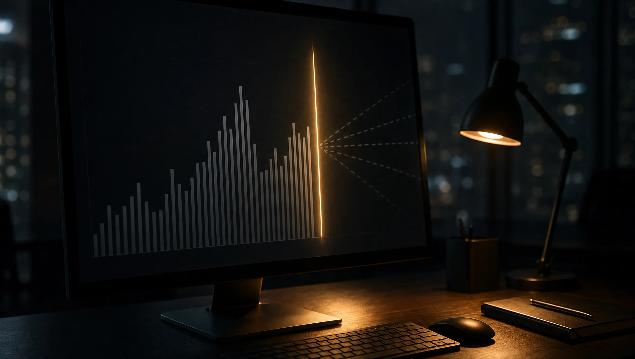 A monitor with irregular grey bars of recorded statistics stopping at a glowing amber boundary line, beyond which faint dashed projection lines fan apart into darkness.