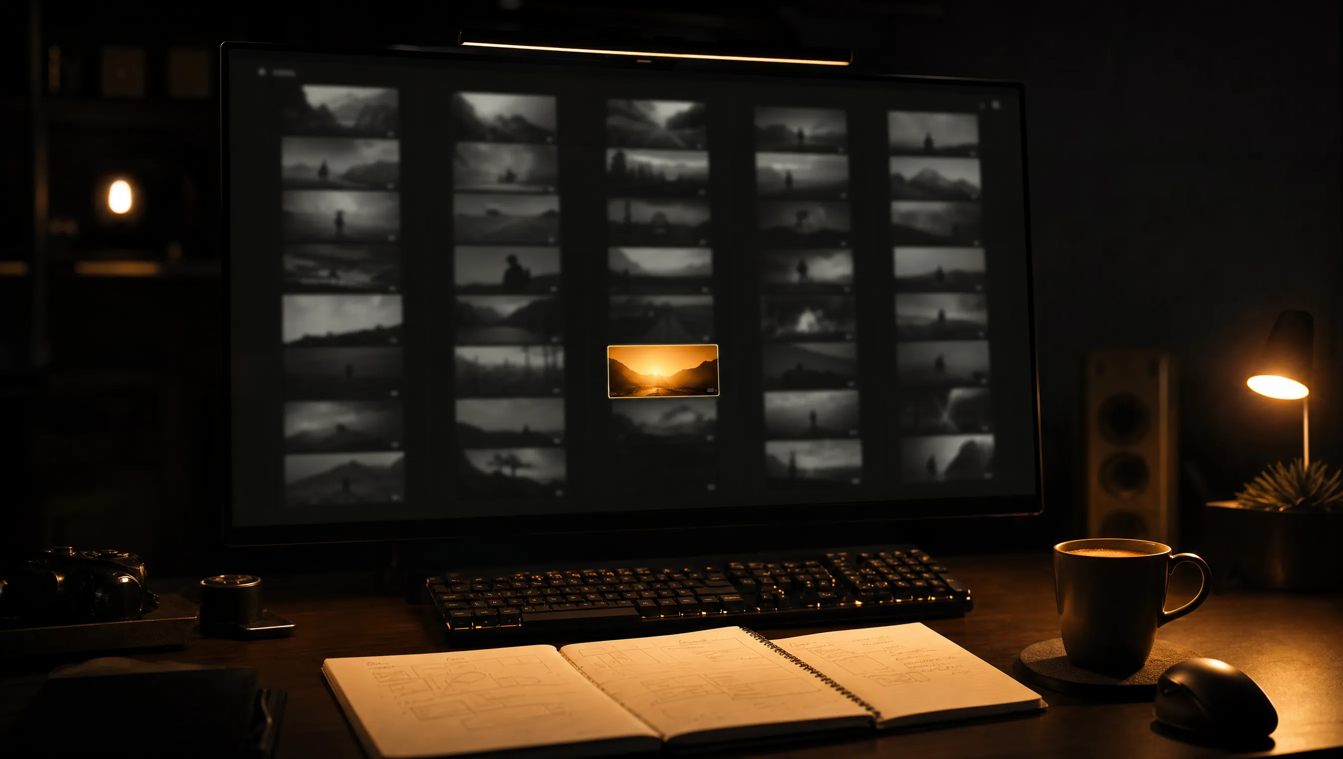 A dark creator studio at night: the monitor shows a grid of video thumbnails sorted into niche columns, one thumbnail glowing amber, with an open notebook of idea sketches on the desk.